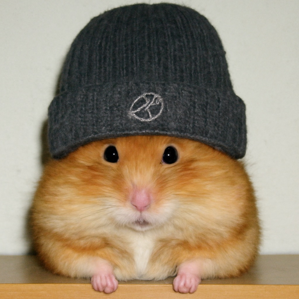 A golden Syrian hamster sitting at the edge of a desk wearing an oversized charcoal knit beanie that sinks down past its eyes, a hand-drawn knot logo on the cuff